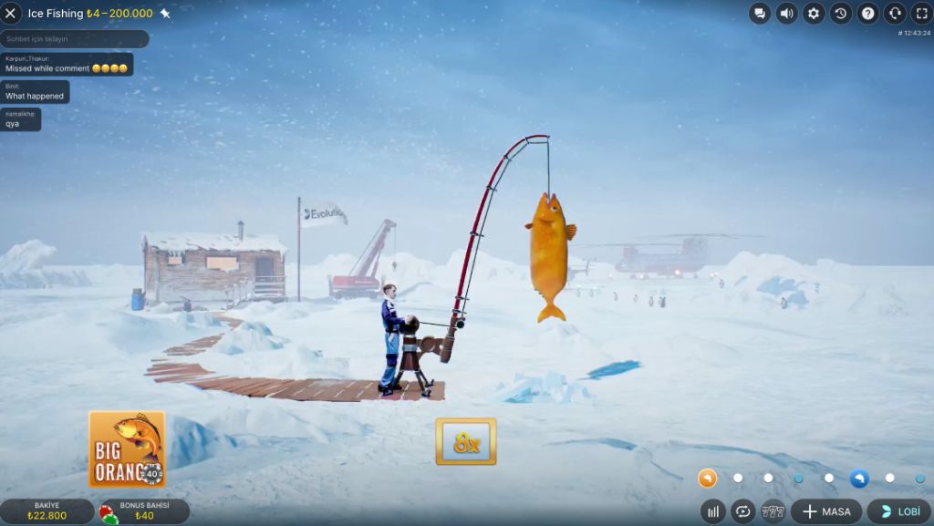 Angler landing a giant Big Orange fish on the frozen lake in Ice Fishing