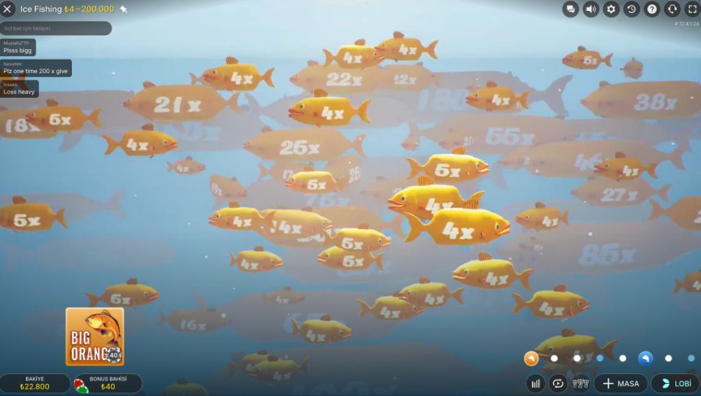 Underwater school of orange fish carrying multipliers in Ice Fishing bonus round