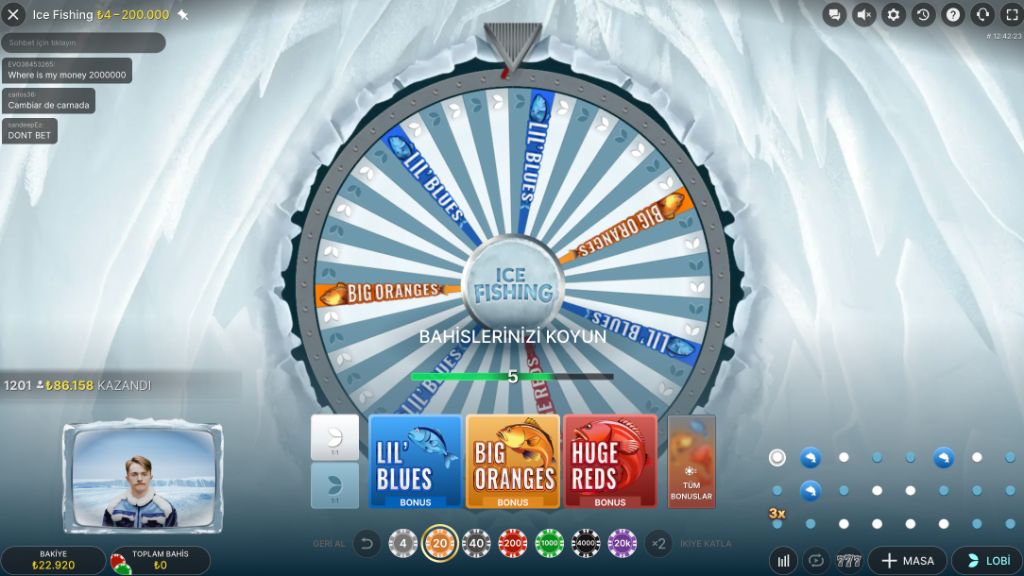 Ice Fishing betting screen with chips and bonus options — demo mode preview