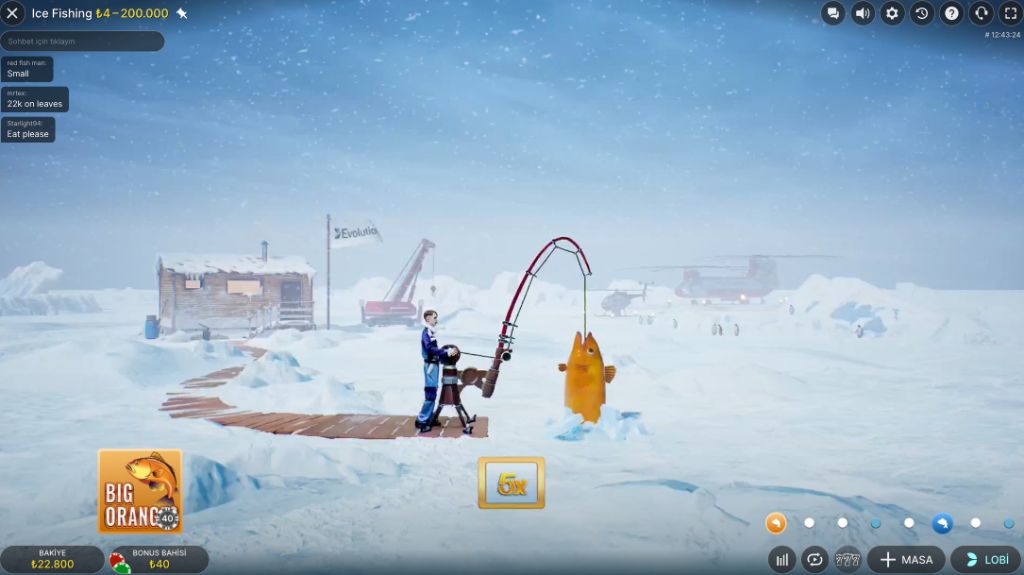 Live angler reeling in a hooked fish during the Ice Fishing crash phase