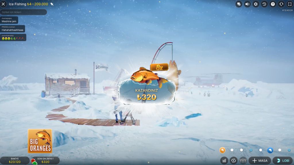 Ice Fishing 8x win celebration showing a Big Orange catch